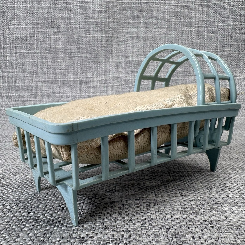 Vintage Light Blue Plastic Doll Cradle Bassinet with Mattress Made in USA